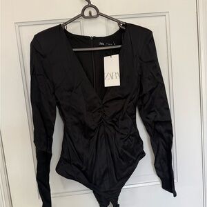 Zara Black V-Neck Long Sleeve Gathered Front Bodysuit